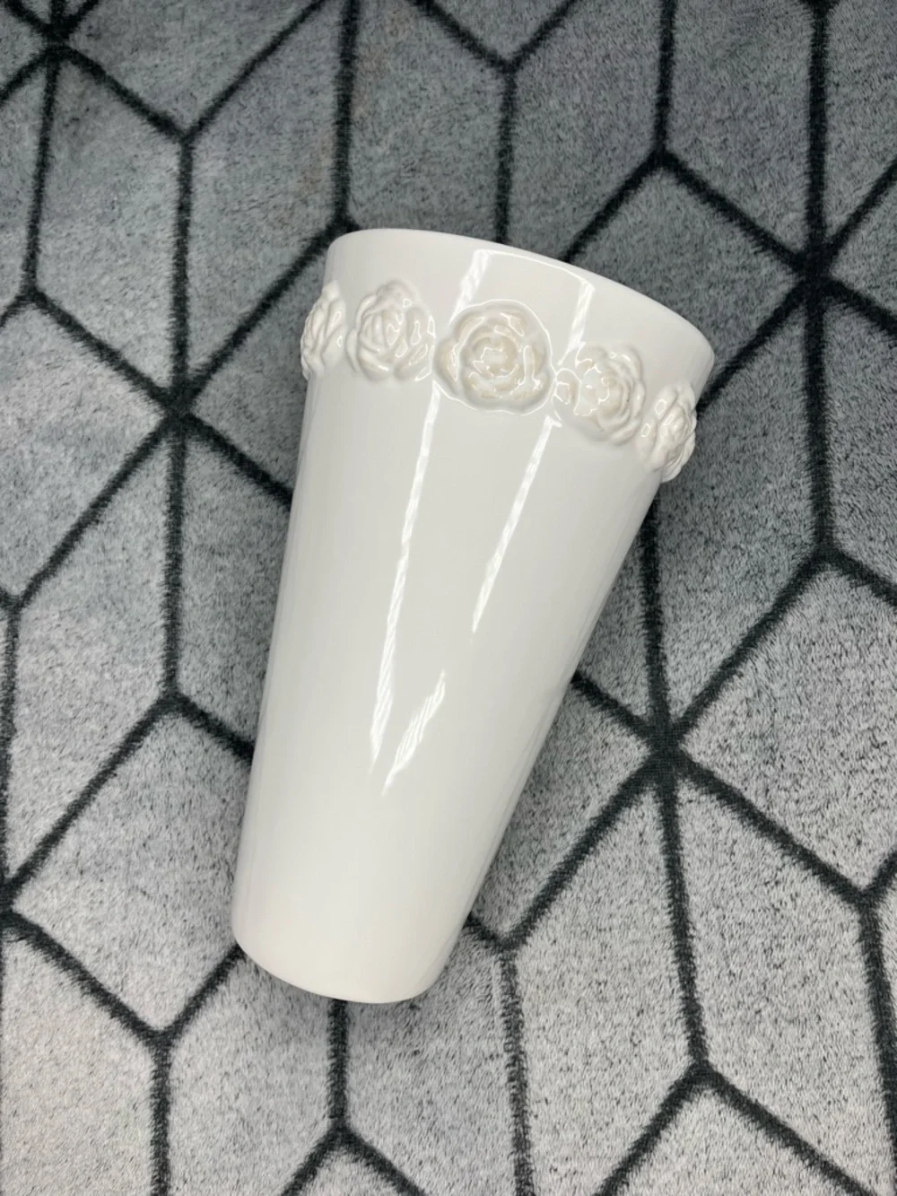 Vintage White Ceramic Rose Relief Vase Embossed Floral Portugal Shabby Chic